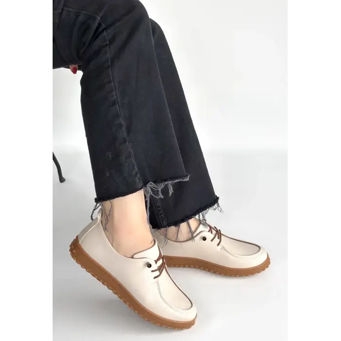 Guot Bej Cilt Bağcıklı Babet Ayakkabı