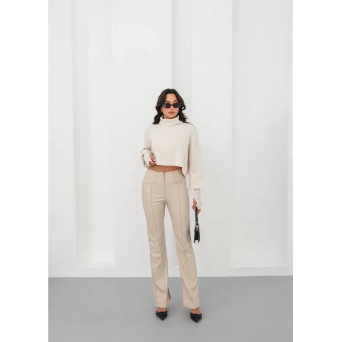 İspanyol yırtmaçlı paça deri pantolon bej hn