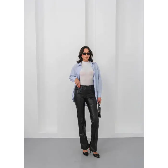 İspanyol yırtmaçlı paça deri pantolon siyah hn