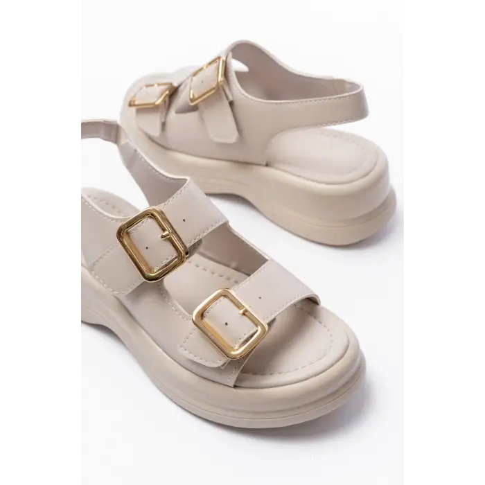 Kaji Bej Cilt Çift Tokalı Sandalet