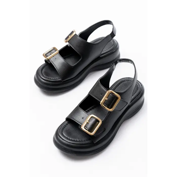 Kaji Siyah Cilt Çift Tokalı Sandalet