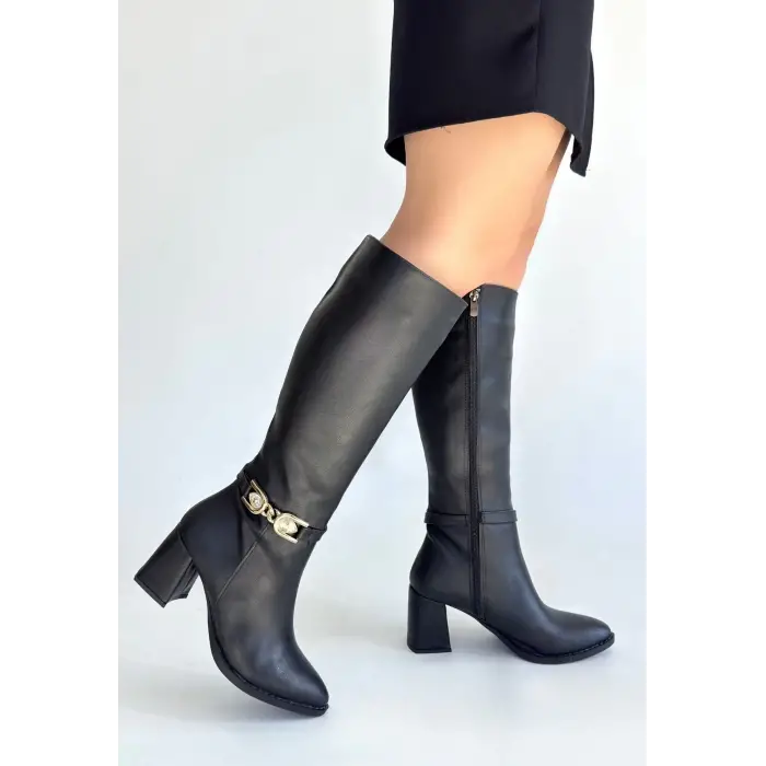 Mooni Siyah Cilt Topuklu Çizme