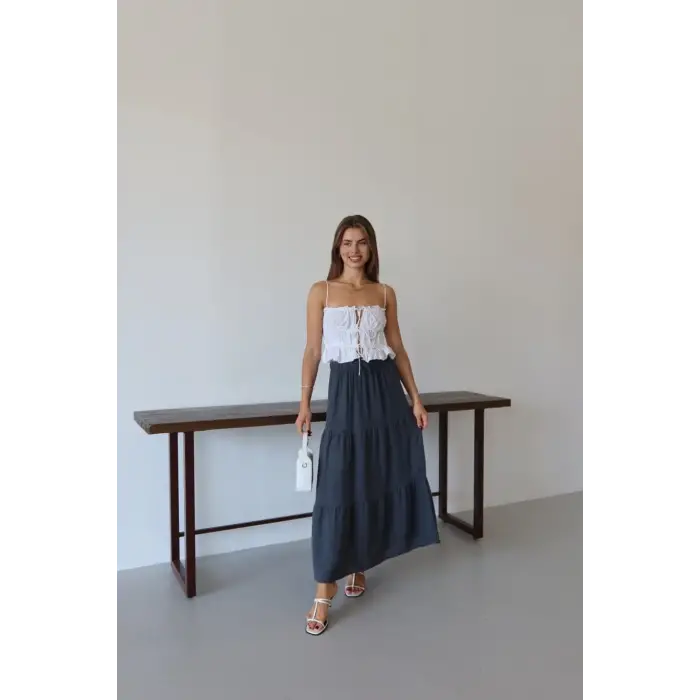 Müslin kumaş keten uzun etek antrasit pt