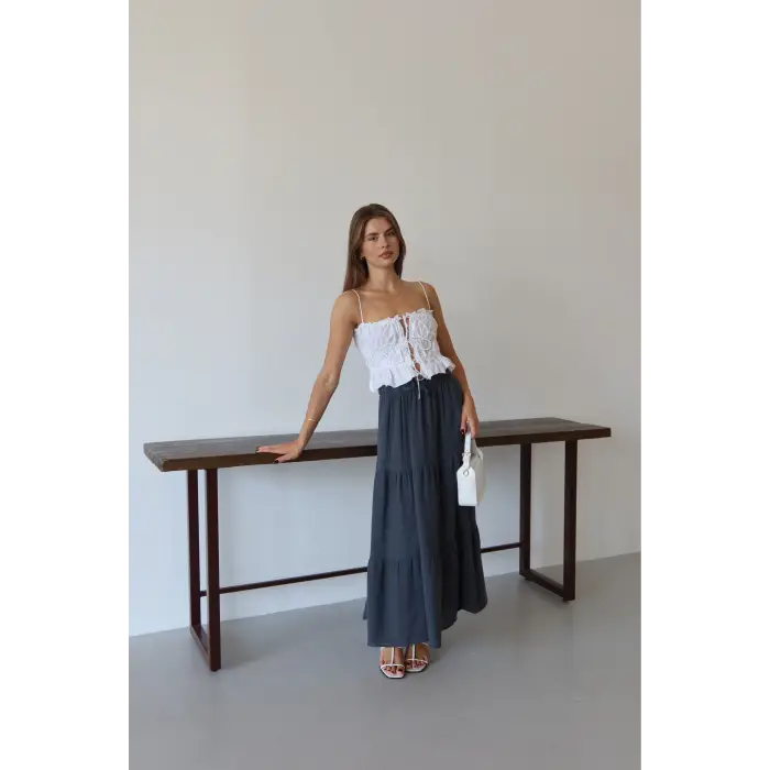 Müslin kumaş keten uzun etek antrasit pt