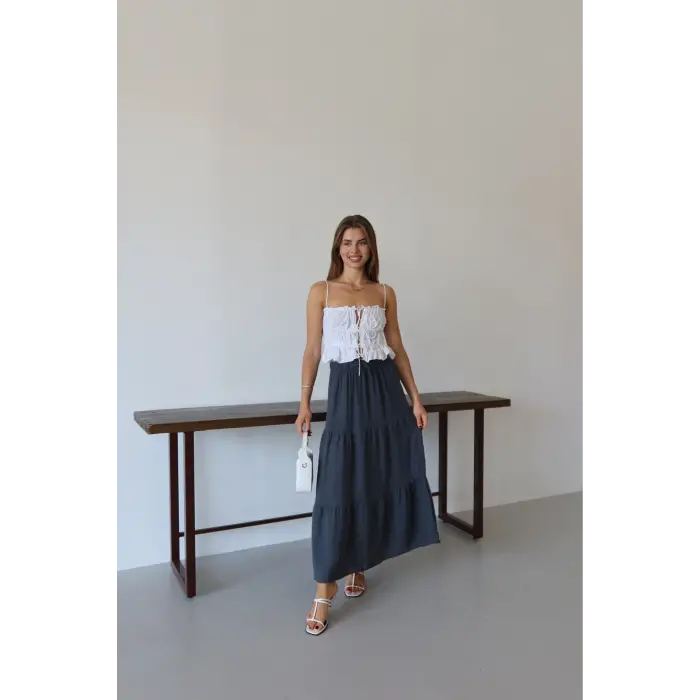 Müslin kumaş keten uzun etek antrasit pt