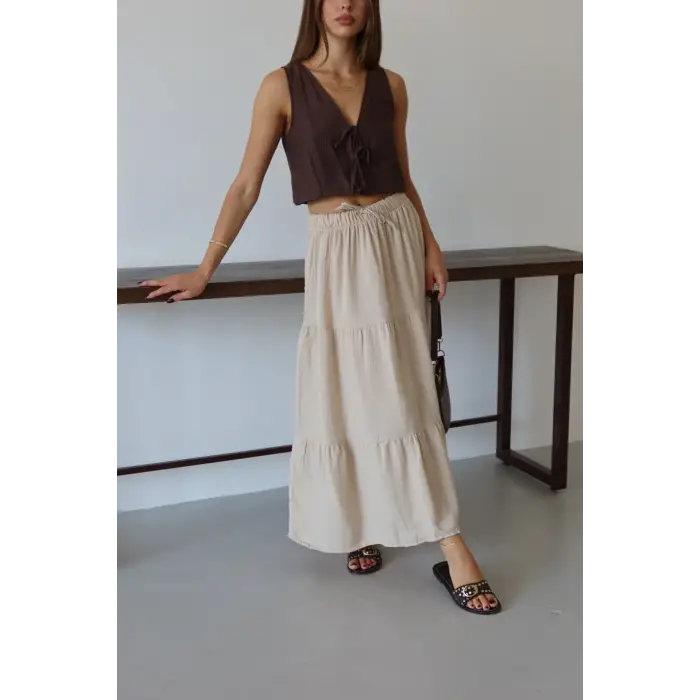 Müslin kumaş keten uzun etek bej pt