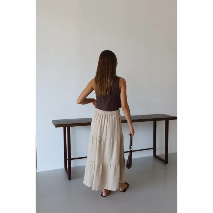 Müslin kumaş keten uzun etek bej pt