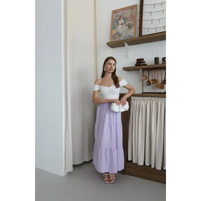 Müslin kumaş keten uzun etek lila pt