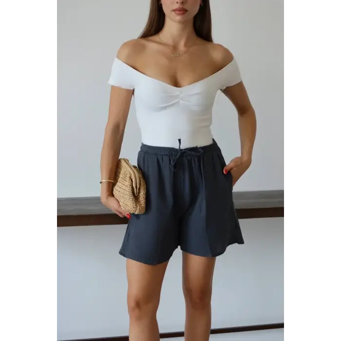 Müslin kumaş şort bağcıklı antrasit pt