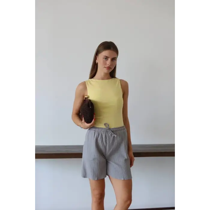 Müslin kumaş şort bağcıklı gri pt