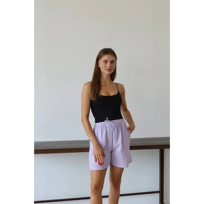 Müslin kumaş şort bağcıklı lila pt