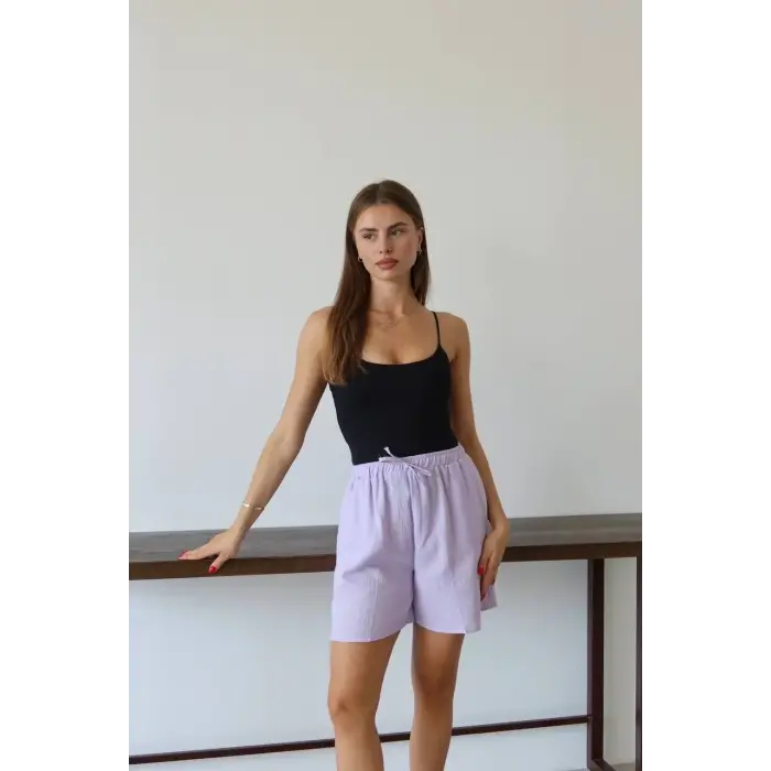 Müslin kumaş şort bağcıklı lila pt