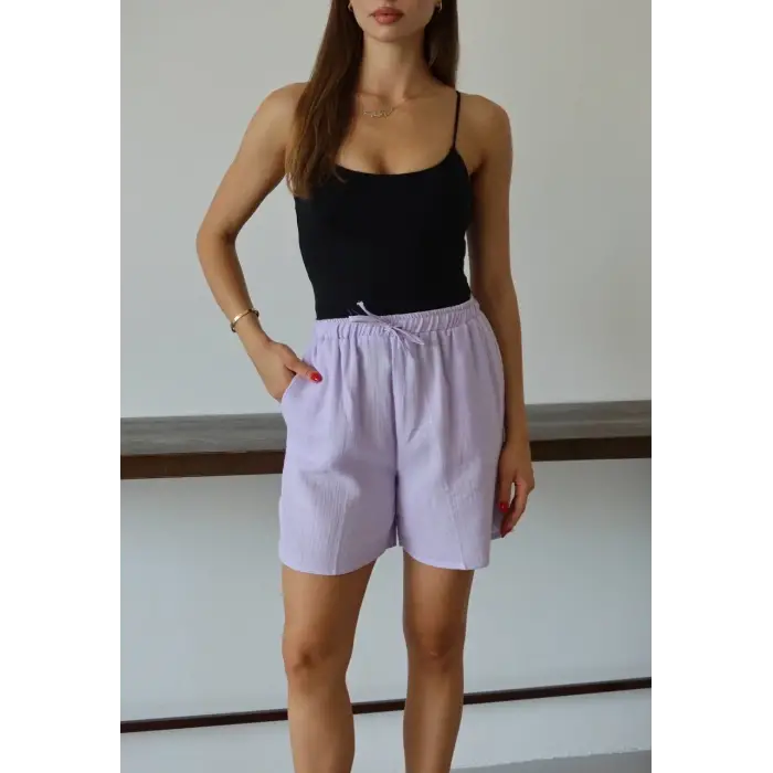 Müslin kumaş şort bağcıklı lila pt