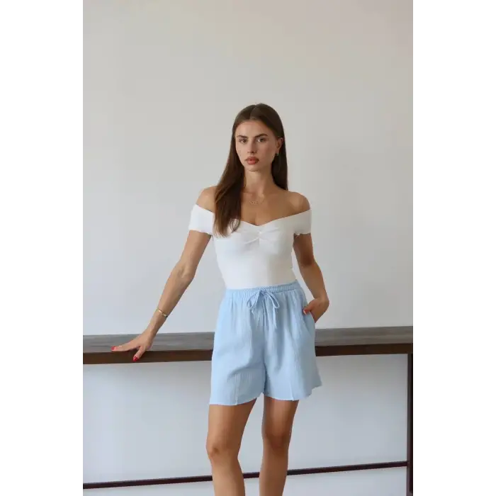 Müslin kumaş şort bağcıklı mavi pt