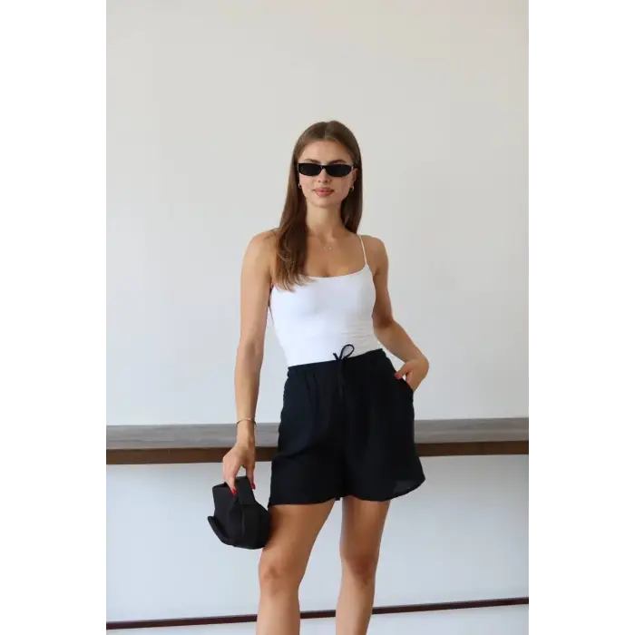Müslin kumaş şort bağcıklı siyah pt