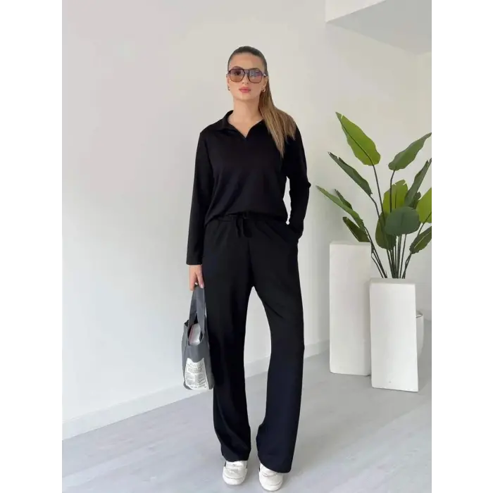 Polo yaka alt üst kollu modal takım siyah pt