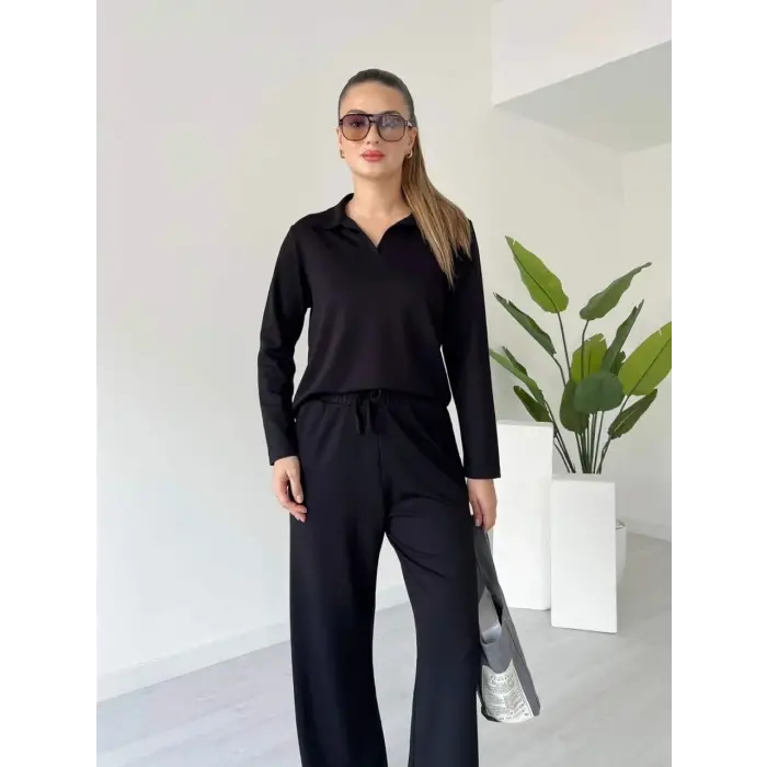Polo yaka alt üst kollu modal takım siyah pt