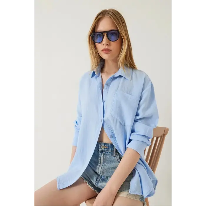 Tek cepli müslin gömlek mavi pt