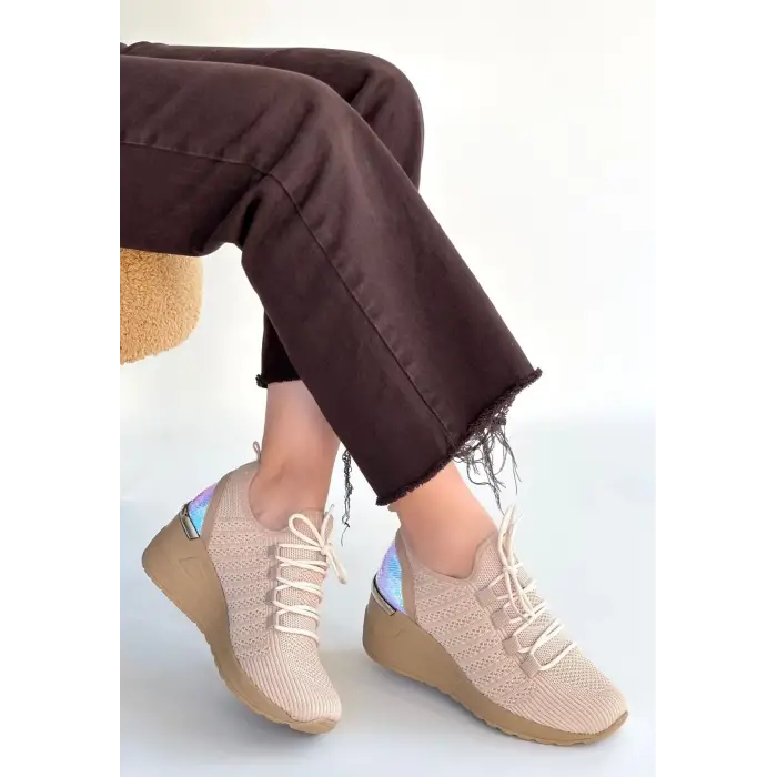 Weor Bej Triko Bağcıklı Spor Ayakkabı