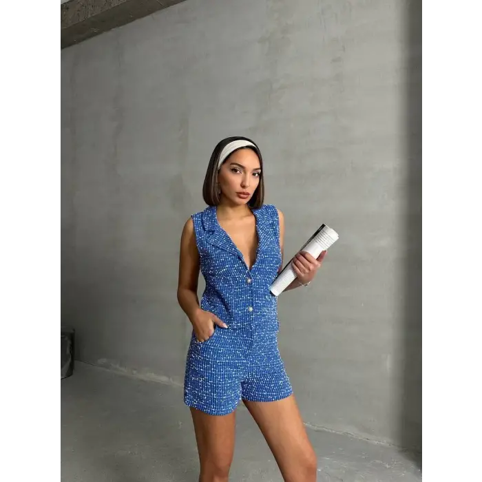 Yelekli şort takım saks