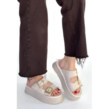 Coer Bej Süet Çift Tokalı Terlik