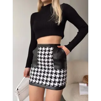 Deri garnili kaz ayağı kaşe etek siyah h24604