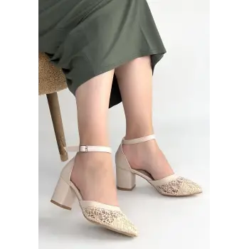 Dmop Bej Cilt Tül Detaylı Topuklu Ayakkabı