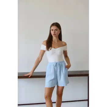 Müslin kumaş şort bağcıklı mavi pt