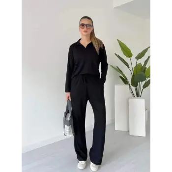 Polo yaka alt üst kollu modal takım siyah pt