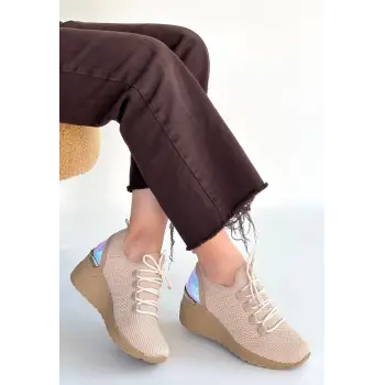 Weor Bej Triko Bağcıklı Spor Ayakkabı