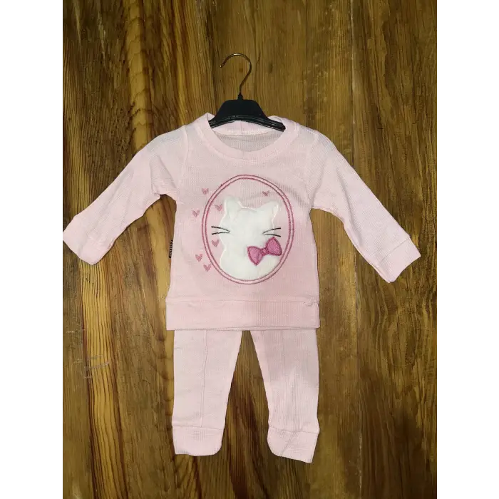 3-12 aylık kedi desen işlemeli takım pembe
