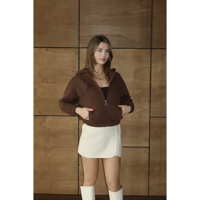 3 iplik şardonlu Kapşonlu fermuarlı kısa üst kahve pat8590