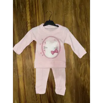 3-12 aylık kedi desen işlemeli takım pembe