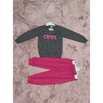 3-7 yaş pontiyeli ikili alt üst takım gri fuşya kız çocuk