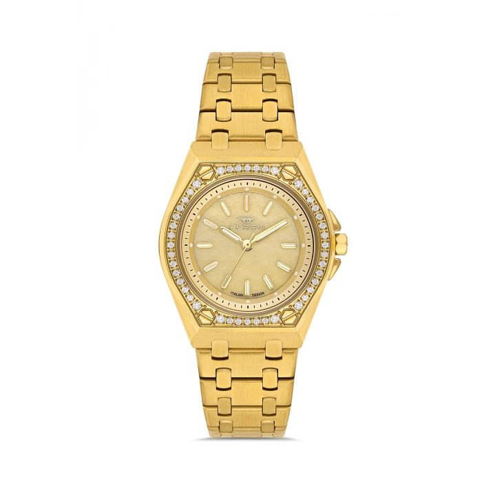 Ferro Sarı Çelik Kordon Kadın Kol Saati FL43007A-B4 3ATM Su Geçirmez 2 Yıl Garantili HediyePaketli