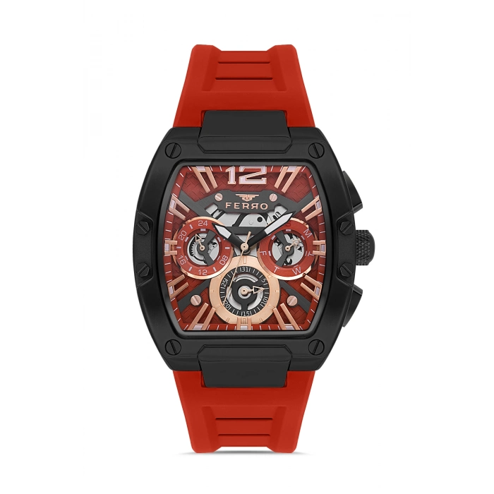 Ferro Kırmızı Silikon Kordon Erkek Kol Saati FM11527DWT-ZJ8 Fonksiyonları Aktif 3ATM Su Geçirmez