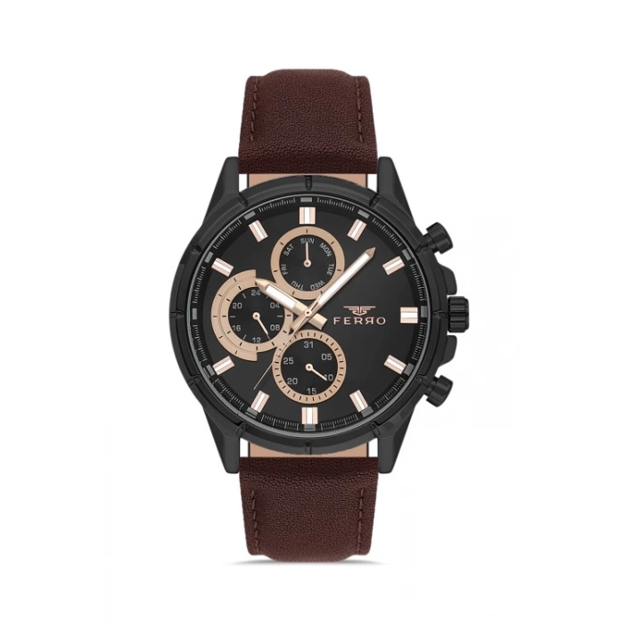 Ferro Kahverengi Deri Kordon Erkek Kol Saati FM11461B-X Fonksiyonları Aktif 3ATM Su Geçirmez
