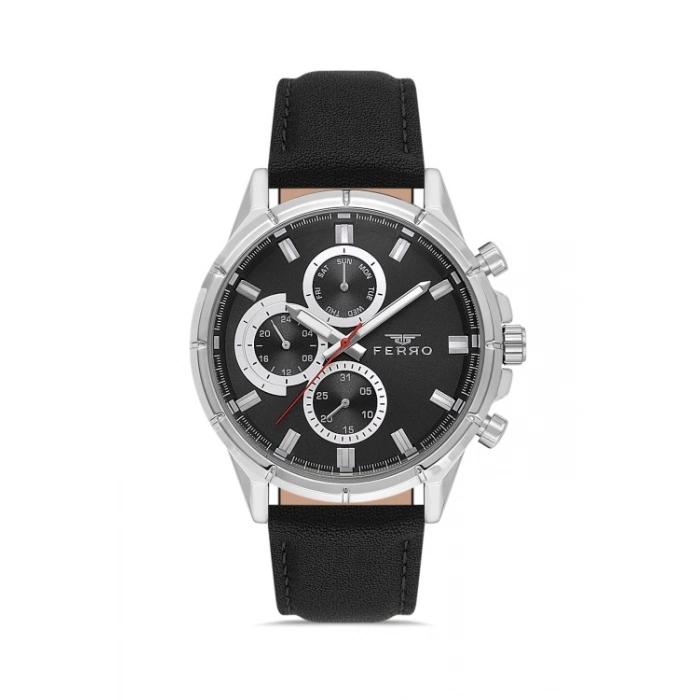 Ferro Siyah Deri Kordon Erkek Kol Saati FM11461B-J2 Fonksiyonları Aktif 3ATM Su Geçirmez HediyePaket