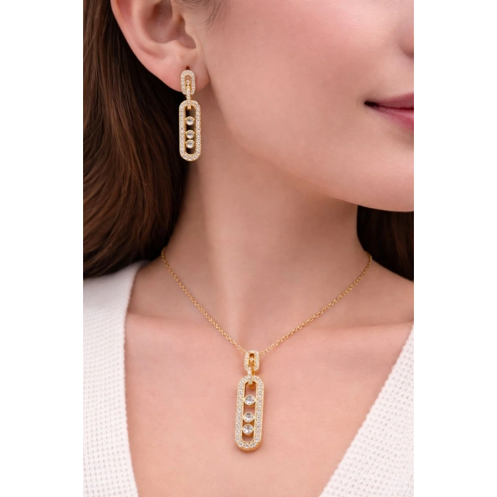 Sarı Çelik Kadın Küpe ve Kolye Set FRJW10008A-B 2 Yıl Garantili Hediye Paketli