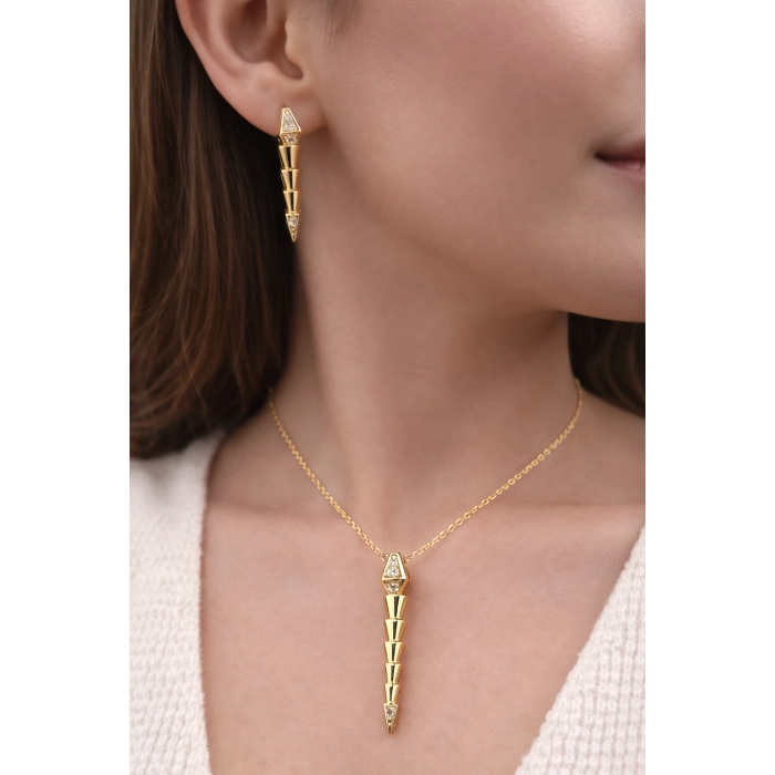 Sarı Çelik Kadın Küpe ve Kolye Set FRJW10007A-B 2 Yıl Garantili Hediye Paketli