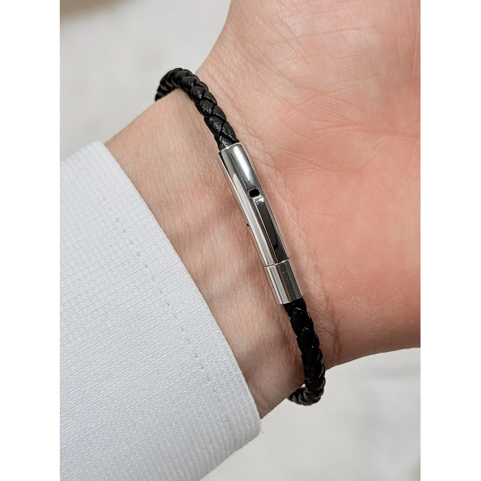 Gümüş ve Siyah Çelik ve Deri Erkek Bileklik FRJ10103B-J 2 Yıl Garantili Hediye Paketli