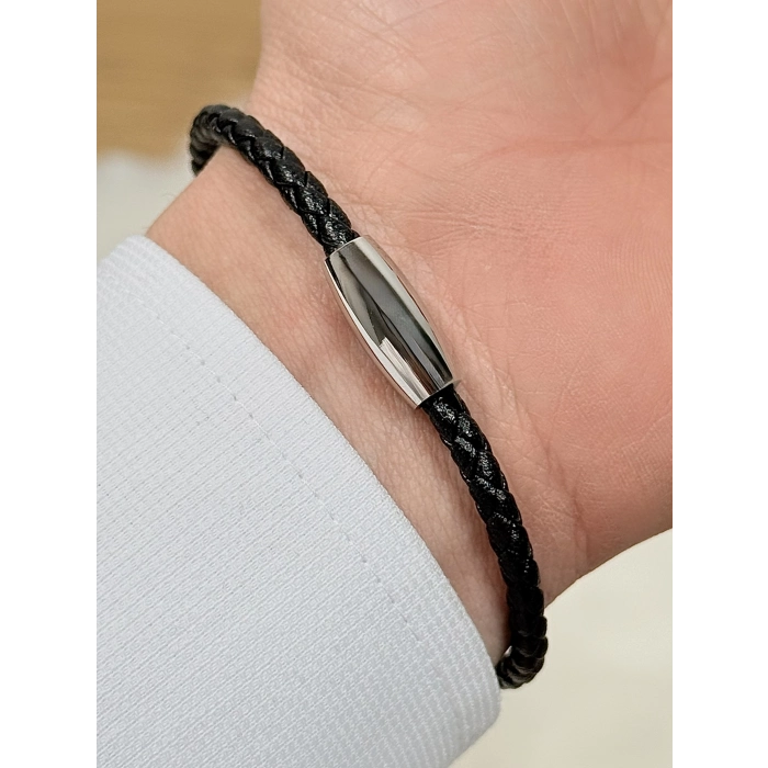 Siyah ve Gümüş Çelik Deri Erkek Bileklik FRJ10190B-J 2 Yıl Garantili Hediye Paketli