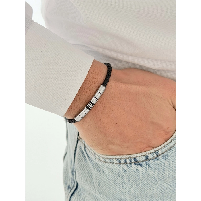 Siyah ve Gümüş Çelik Deri Erkek Bileklik FRJ10190A-J 2 Yıl Garantili Hediye Paketli