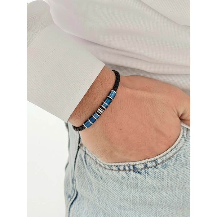 Lacivert ve Gümüş Çelik Deri Erkek Bileklik FRJ10191B-L 2 Yıl Garantili Hediye Paketli