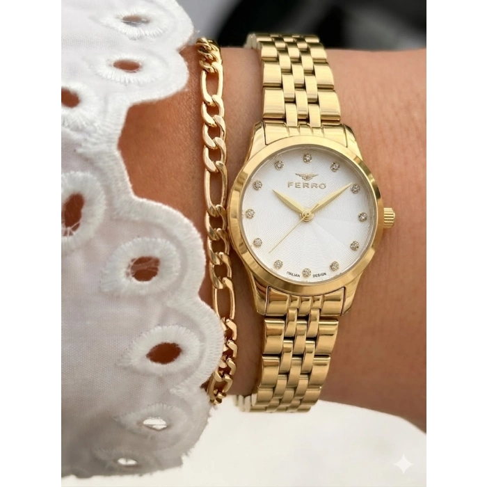 Ferro Sarı Çelik Kordon Kadın Kol Saati FL21770A-B 3ATM Su Geçirmez 2 Yıl Garantili HediyePaketli