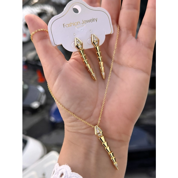 Sarı Çelik Kadın Küpe ve Kolye Set FRJW10012A-B 2 Yıl Garantili Hediye Paketli
