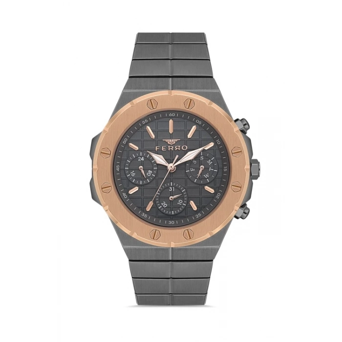 Ferro Gri Çelik Kordon Erkek Kol Saati FM43002A-V2 Tüm Fonksiyonlar Aktif 3 ATM Su Geçirmez