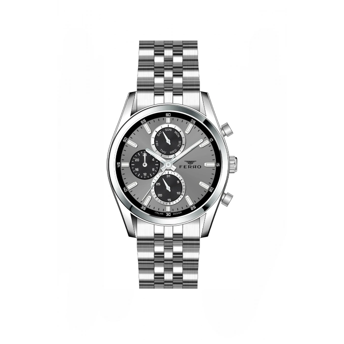 Ferro Gümüş Çelik Kordon Erkek Kol Saati FM11747AWT-A4 Fonksiyonları Aktif 3 ATM Su Geçirmez