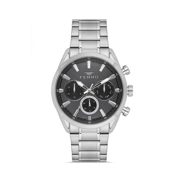 Ferro Gümüş Çelik Kordon Erkek Kol Saati FM11758A-A2 Tüm Fonksiyonları Aktif 3 ATM Su Geçirmez