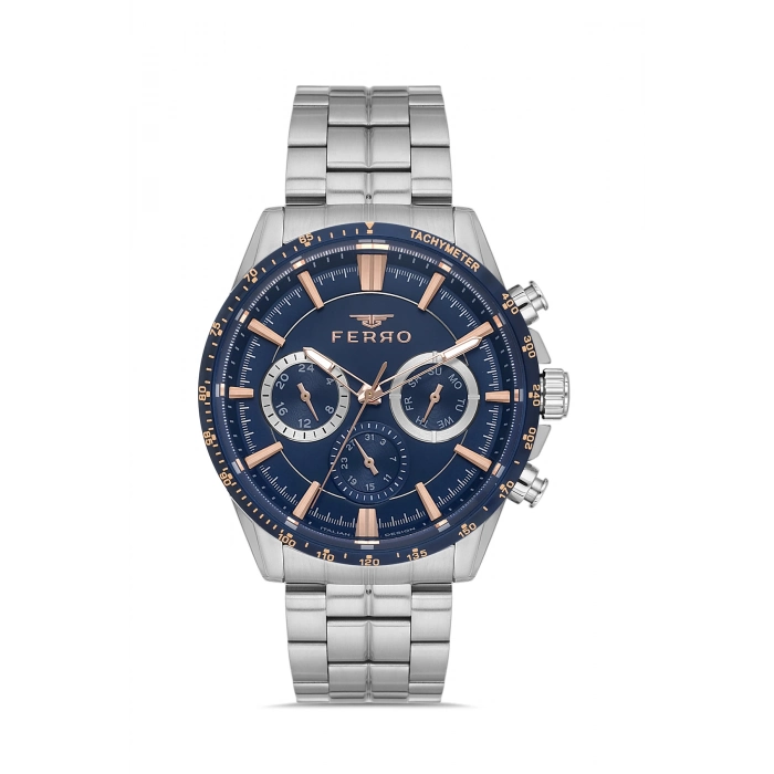 Ferro Gümüş Çelik Kordon Erkek Kol Saati FM40139A-L Tüm Fonksiyonlar Aktif 3 ATM Su Geçirmez